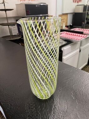 HBG Tall Clear Glass Pitcher with Lime Spiral Overlay No Chips or Cracks.